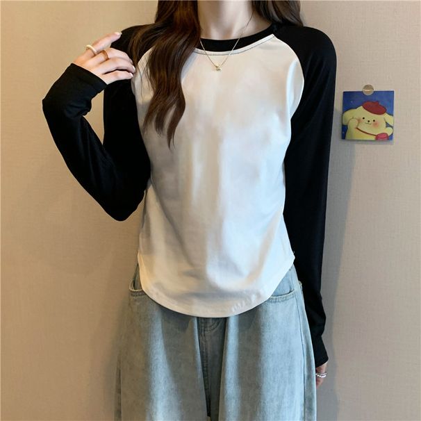 De Rong Slim-Fit, Warm Patchwork Color Design Base Shirt For Women, Long-Sleeve Top For Autumn And Winter_ecoleips.com