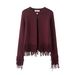 Fringe-Trim Button-Up Knit Cardigan – Lightweight Autumn Layering Piece ( Chic, Soft Yarn, Versatile Styling, Trendy Fringe Detail)_ecoleips.com