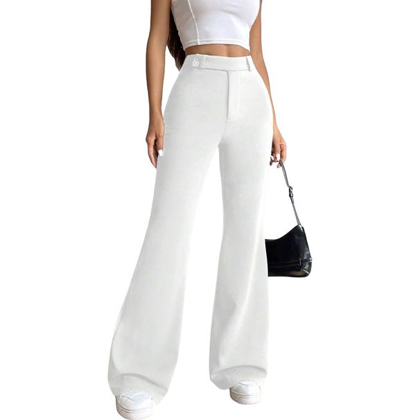 Women's Clothing High Waist Flare Pants For Women - Stretchy Wide Leg Trousers, Asymmetric Hem, Streetwear Fashion, Fall Outfit (Black/White/Brown)_ecoleips.com