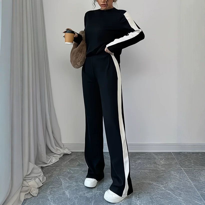 Women's Autumn Winter Two Piece Set European American Style High Waisted Color Block Trousers And Long Sleeved Top_ecoleips.com