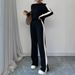Women's Autumn Winter Two Piece Set European American Style High Waisted Color Block Trousers And Long Sleeved Top_ecoleips.com