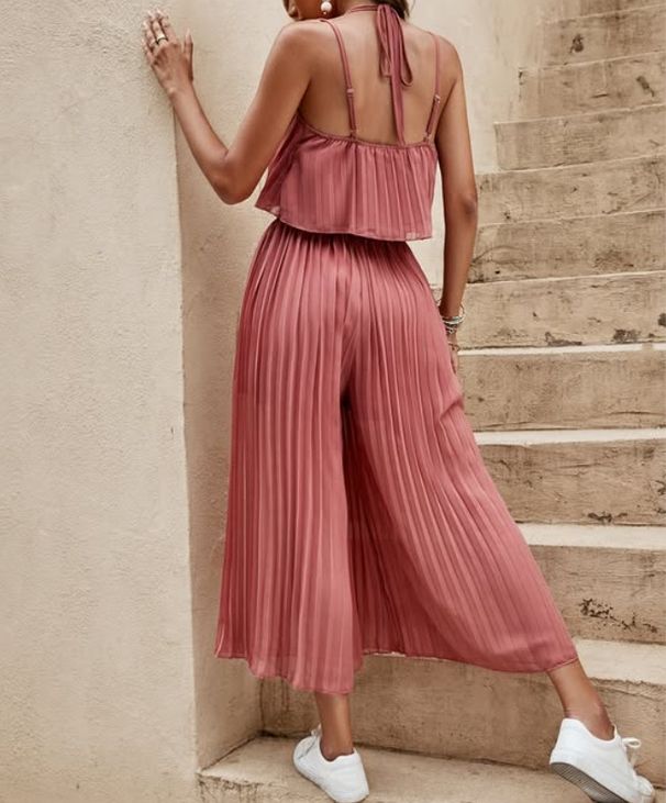Women's Clothing Solid Color Pleated Tank Top Wide Leg Pants Casual Set_ecoleips.com