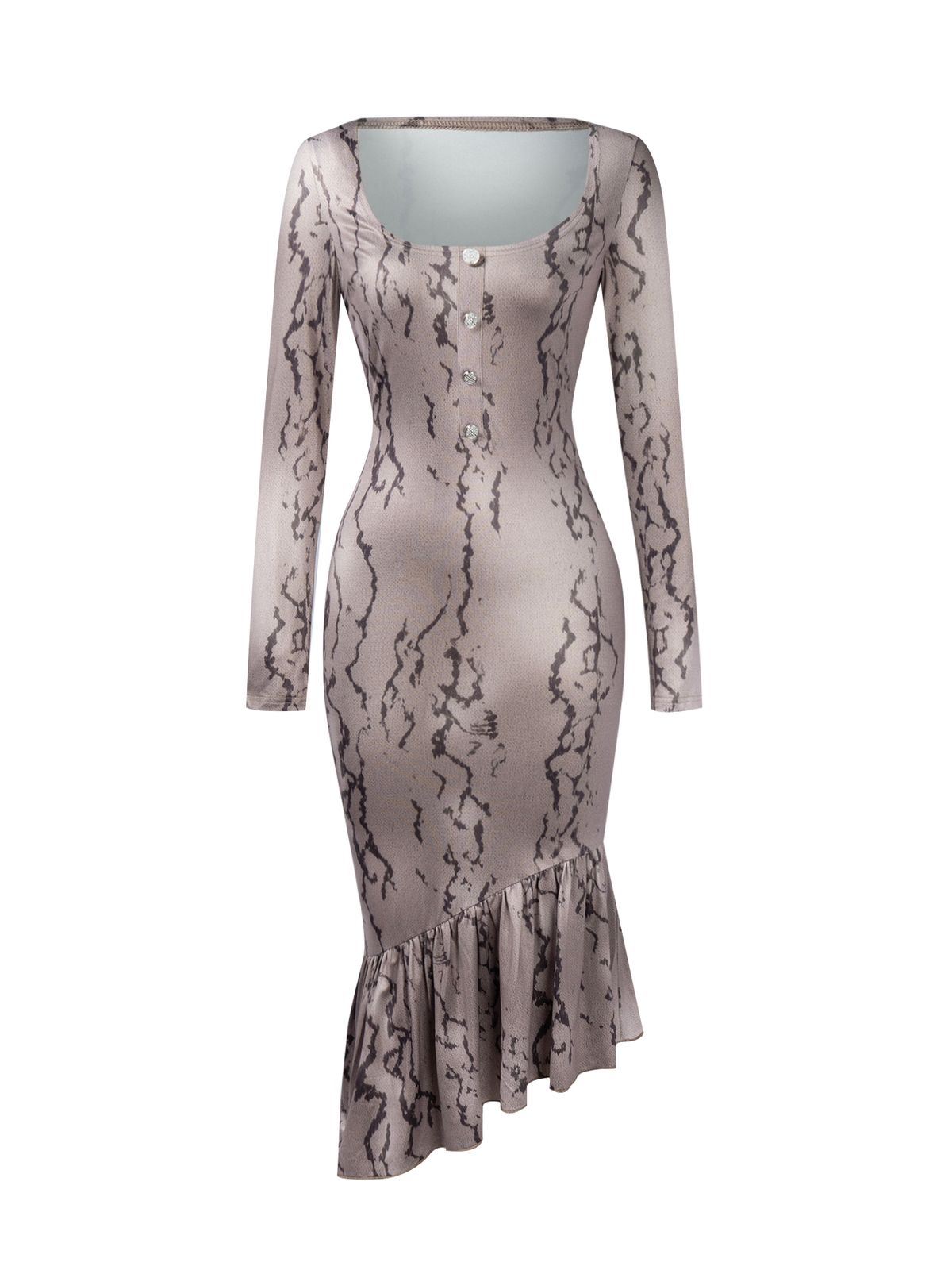 Midi Mermaid Dress Spring Summer Women Light Khaki Marble Print Square Neck Long Sleeve Elegant Sexy Date Party Daily Dress_ecoleips.com