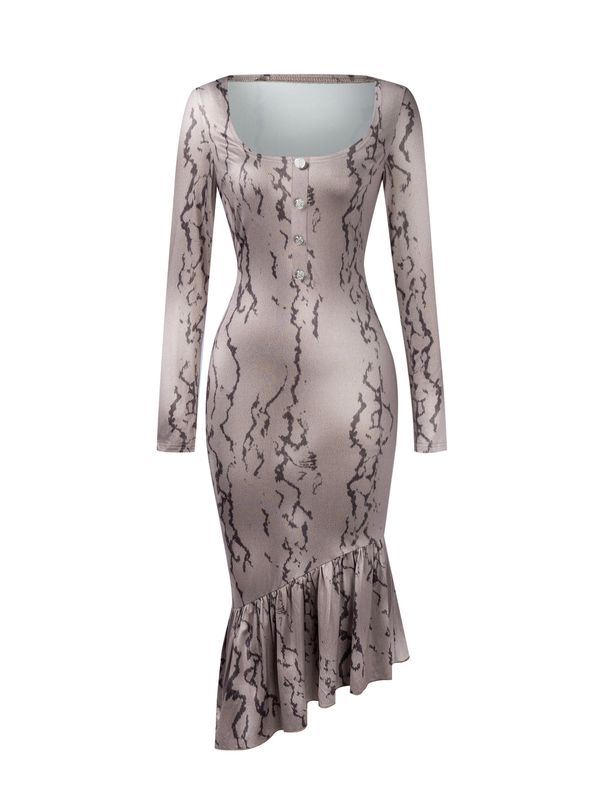 Midi Mermaid Dress Spring Summer Women Light Khaki Marble Print Square Neck Long Sleeve Elegant Sexy Date Party Daily Dress_ecoleips.com