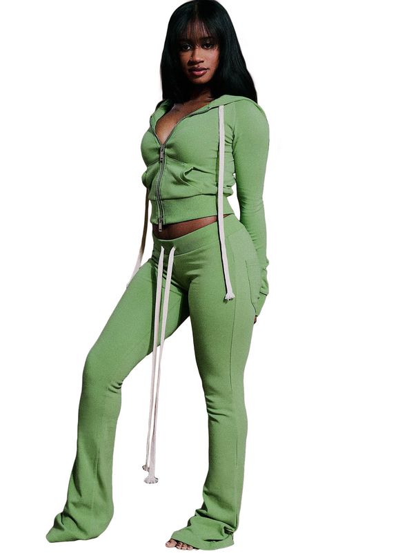 Women's Clothing Women's Slim Fit Hooded Zip Up Sweatshirt Style With Slightly Flared Pockets Two Piece Pantsuit Set_ecoleips.com
