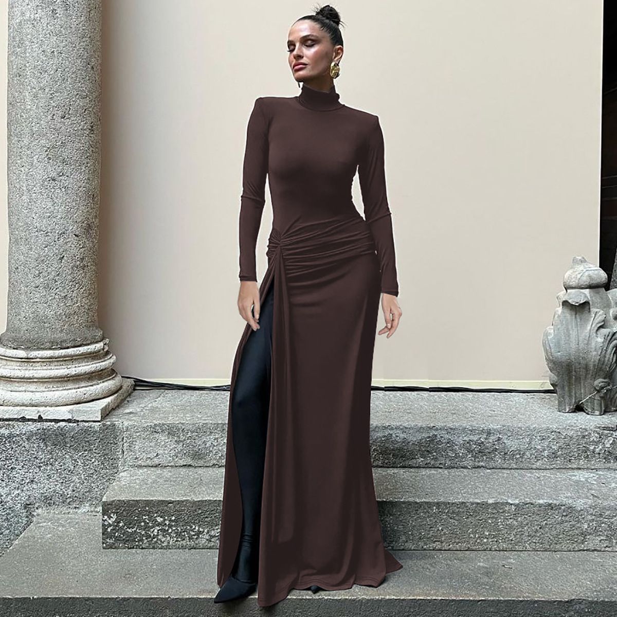 European And American Women's Fashion 20224 Winter New Sexy Slit Bodycon Long High-neck Slim Dress Wholesale_ecoleips.com