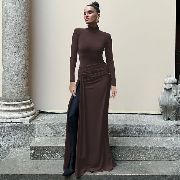 European And American Women's Fashion 20224 Winter New Sexy Slit Bodycon Long High-neck Slim Dress Wholesale_ecoleips.com