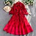 Elegant Full Skirted Dress European American High End Design Mesh Splicing Lace Lantern Sleeves Waist Cinching Slimming_ecoleips.com