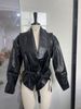 Retro PU Leather Jacket – Adjustable Belted V-Neck Biker Style For Streetwear & Casual Chic (Black/Brown/Grey, S-XL)_ecoleips.com