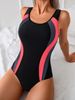 Women's Color Block One Piece Swimsuit Open Back Slim Fit Athletic Bathing Suit For Training & Beach_ecoleips.com