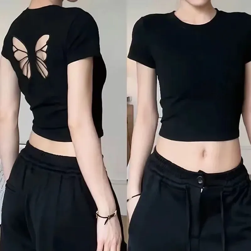 Fashion Women T-shirt Short Sleeve O Neck Solid Slim Fit Ladies Crop Top Butterfly Hollow Backless For Casual Tops Summer 2024_ecoleips.com