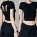 Fashion Women T-shirt Short Sleeve O Neck Solid Slim Fit Ladies Crop Top Butterfly Hollow Backless For Casual Tops Summer 2024_ecoleips.com