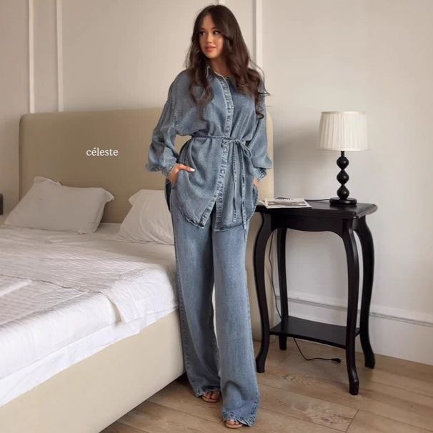 Women's Autumn Winter Fashion Shirt Temperament Button Tie Loose Coat Denim Suit European American Style Muslim Clothing_ecoleips.com