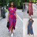 Women's Clothing Summer Printed Dress V Neck Slit Mid Length Fashion_ecoleips.com