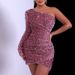 Summer New Sexy One-Shoulder Sequin High-End Solid Color Evening Gown Tight-Fitting Hot Girl Bodycon Dress_ecoleips.com