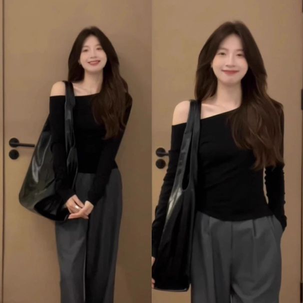 Spring And Autumn Niche Stylish Female Hong Kong Style Casual Slim Fit Off-Shoulder Modal Long-Sleeve Base Shirt_ecoleips.com
