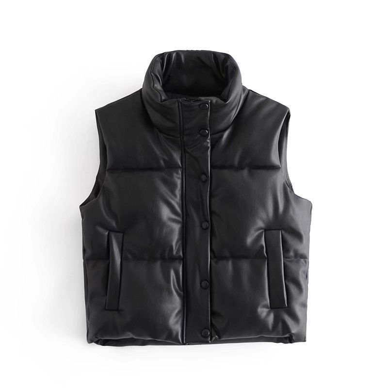 Women's clothing Black Cotton Vest Sleeveless Stand-up Collar Side Pockets Elastic Adjustable Hem Women's PU Vest Top_ecoleips.com