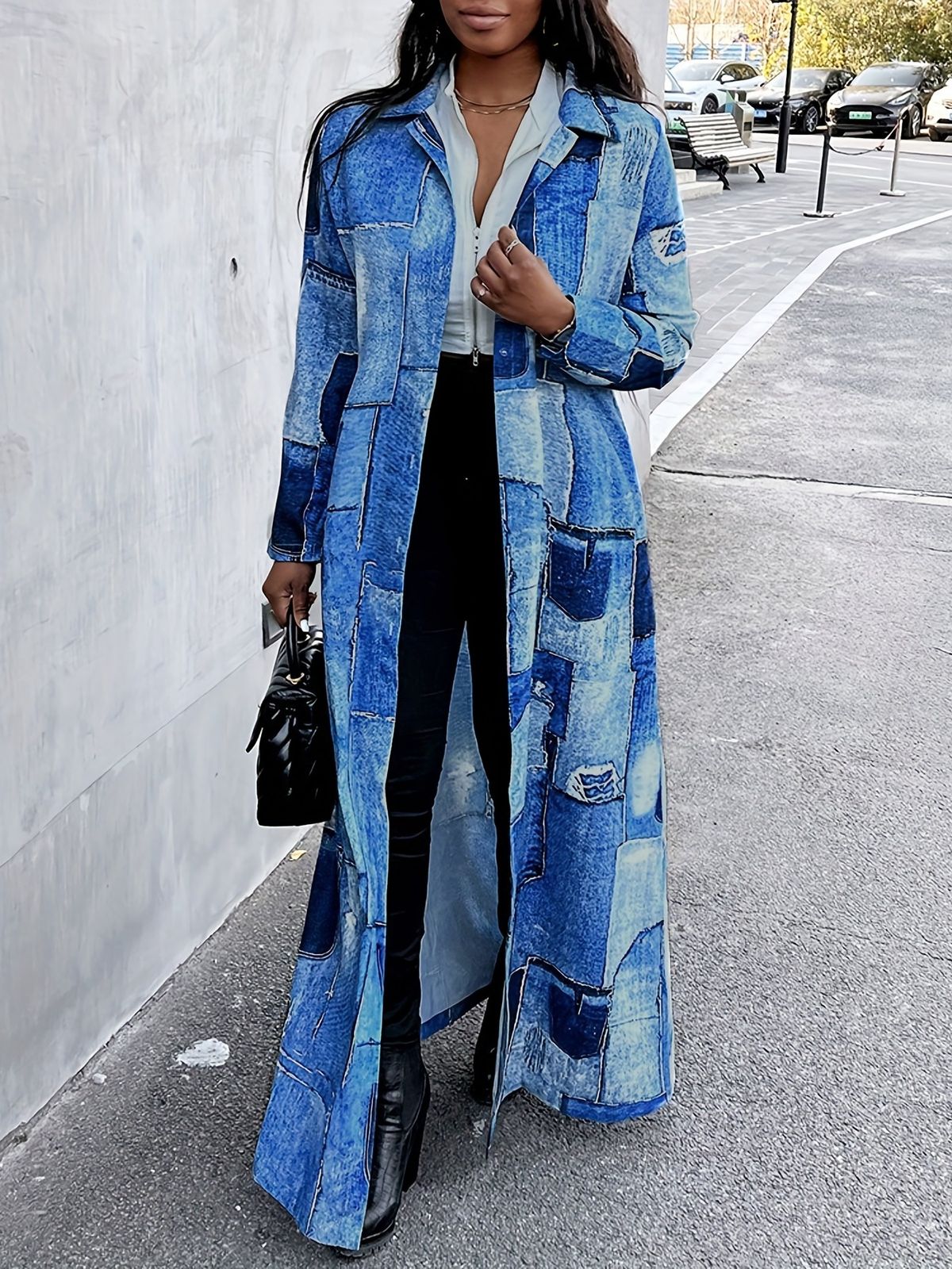 Women's plus Size Color Blocked Denim Print Trench Coat Fashionable Versatile Spring Autumn Style Best Selling_ecoleips.com