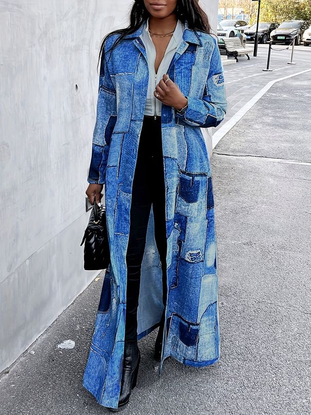 Women's plus Size Color Blocked Denim Print Trench Coat Fashionable Versatile Spring Autumn Style Best Selling_ecoleips.com