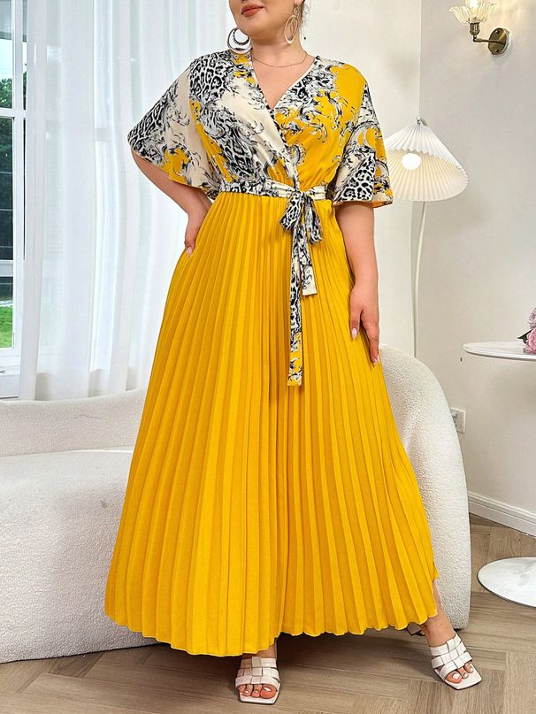 Vintage Floral Maxi Dress With Pleated Detail High Waist Elegant Boho Dress For Women, Plus Size 0XL-4XL V-Neck & Belted_ecoleips.com