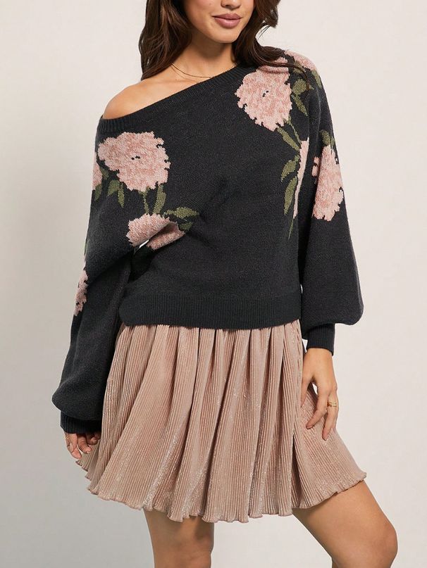 Women's Floral Jacquard Sweater Oversized Crewneck Knit Top Soft Acrylic Blend Casual Loose Fit Tunic Long Sleeve Pullover_ecoleips.com
