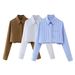 Women's Clothing Women’s Stylish Short-Sleeve Shirt – Classic & Versatile (S-L, Polyester, Retro & Casual Chic In Brown/White/Striped)_ecoleips.com