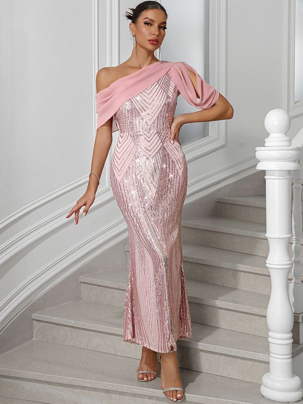 Women's Clothing Sexy Backless Chiffon Stitching Sequin Dressn Evening Dress_ecoleips.com