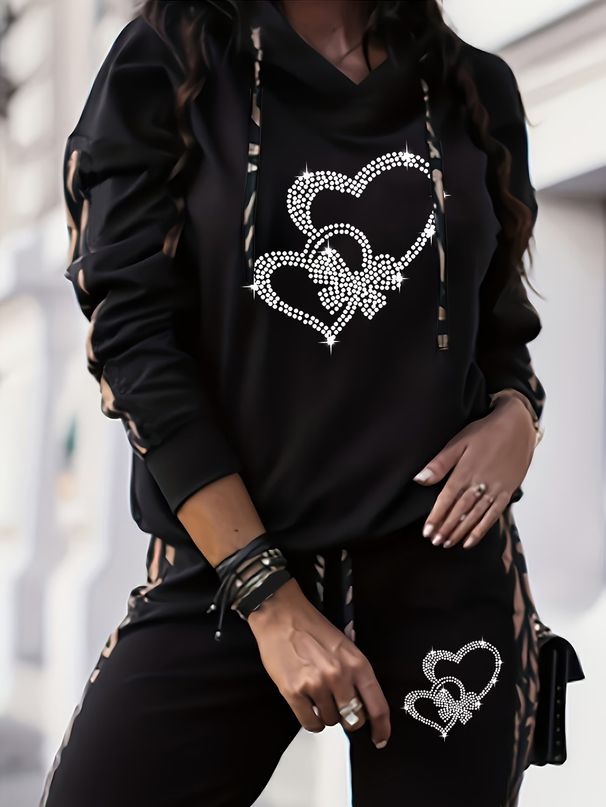 Women's Clothing Heart Print Casual Vacation Two Piece Set Hooded Long Sleeved Pants Fashionable 2026 New_ecoleips.com