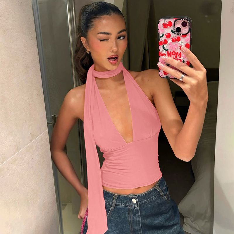 Summer Halter Neck Camisole Top for Women Sexy Low Cut Back Hollow Design European And American Fashion Solid Color_ecoleips.com