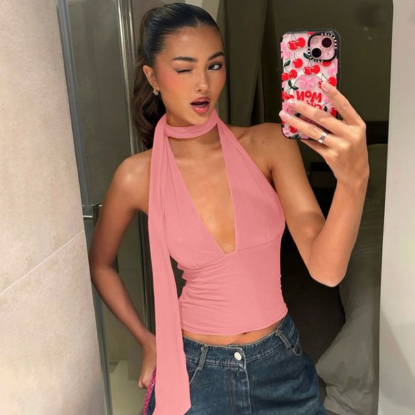 Summer Halter Neck Camisole Top for Women Sexy Low Cut Back Hollow Design European And American Fashion Solid Color_ecoleips.com