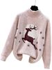 Christmas Sweater Women's Fashion Semi-Turtle Neck Long Sleeve Pullover With Reindeer Jacquard Knit Top_ecoleips.com
