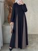 ZANZEA Women Color Block Patchwork Maxi Dress Fake Two-Piece Islamic O Neck Muslim Long Dresses Long Sleeve 2024 Fall Abaya Robe_ecoleips.com