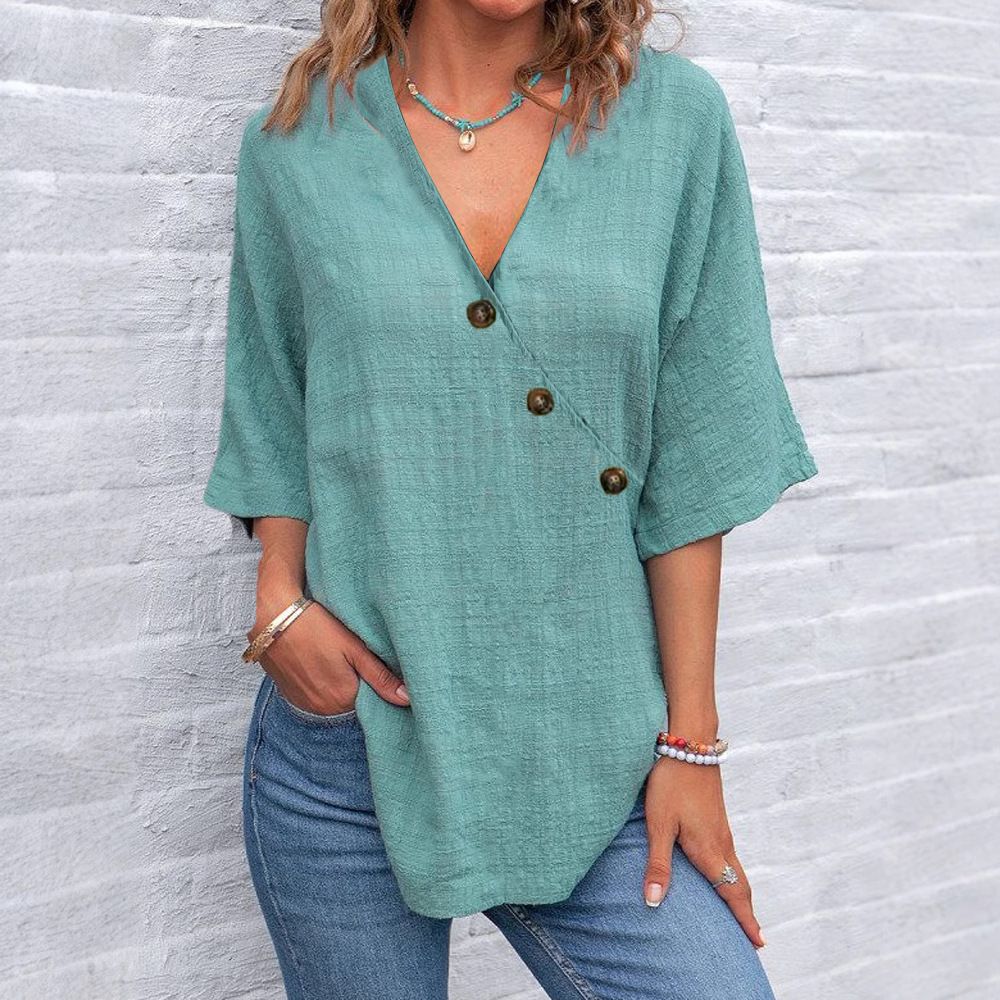 Women's Clothing Women's Shirt Tops V Neck Solid Color Linen Fabric Shirt_ecoleips.com