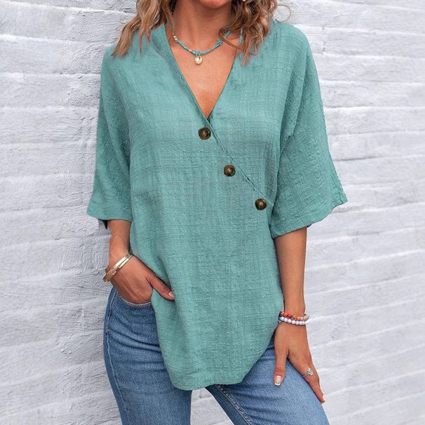 Women's Clothing Women's Shirt Tops V Neck Solid Color Linen Fabric Shirt_ecoleips.com