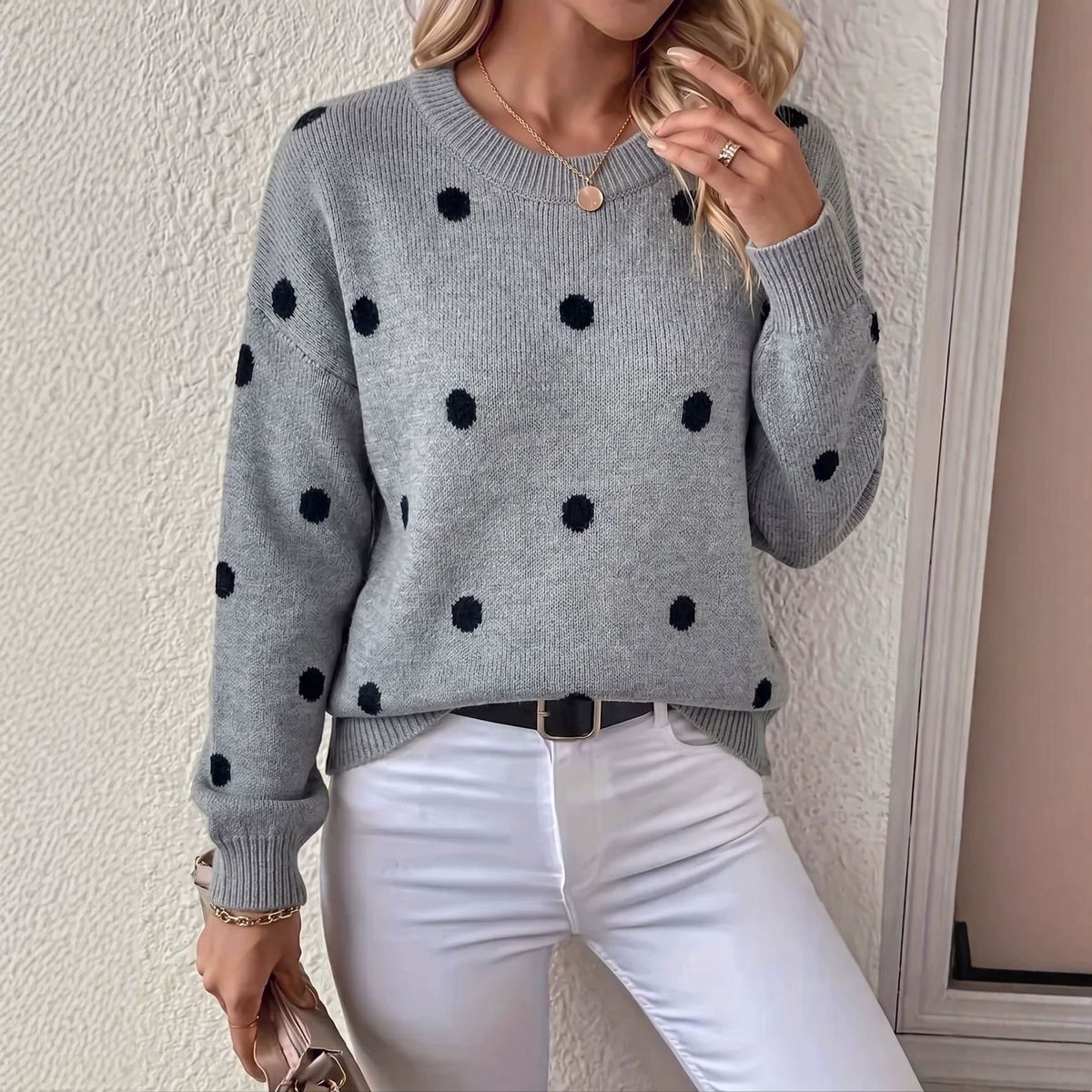 Women's round Neck Polka Dot Jacquard Knit Sweater European American Style Relaxed Fit Long Sleeves Loose Pullover Top for Autumn Winter_ecoleips.com