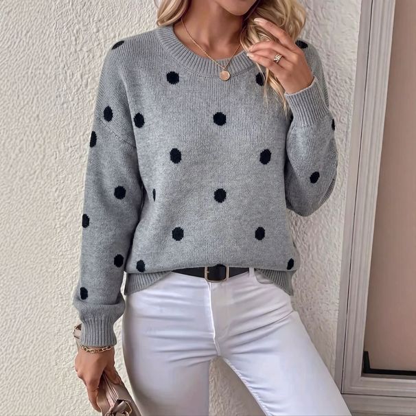 Women's round Neck Polka Dot Jacquard Knit Sweater European American Style Relaxed Fit Long Sleeves Loose Pullover Top for Autumn Winter_ecoleips.com