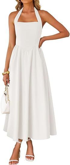 Women's Clothing Sleeveless Halter Neck Off Shoulder Pleated High Waisted Dress With Pockets Fashion_ecoleips.com