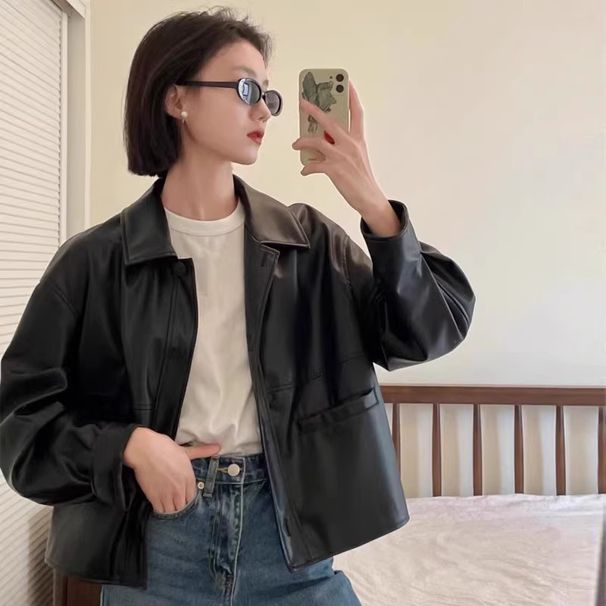 Short PU Leather For Petite Women, 2026 New Street Style Biker Jacket With Hong Kong-inspired Design And American-style_ecoleips.com