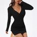 Women Sexy Fashion V Neck Smocked Long Sleeve Bodycon Pencil Dress Slim Fitted Solid Party Evening Cocktail Dress_ecoleips.com
