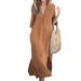 Women's Summer V Neck Dress Cotton Linen Pleated 7 Point Sleeve Slits Both Sides_ecoleips.com