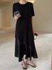 Retro Casual Slimming Anti-Aging Long T-Shirt Dress Pure Color Round Neck Irregular Hem Short Sleeve Dress Trendy_ecoleips.com