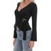 Voya Women's French Style Niche Design Top, Women's Black V-neck Long Sleeved Waist Cinched Knit Shirt With Chest Tie_ecoleips.com