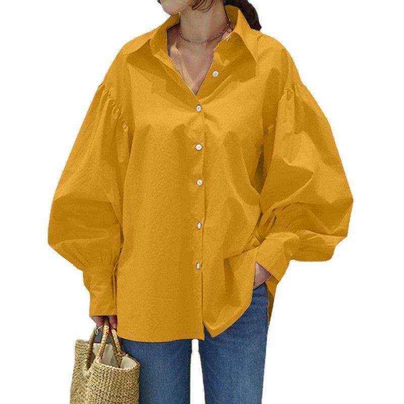 Women's Clothing Casual Shirts Casual Lantern Sleeve Lapel Tops Retro Solid Color Tops Women Office Ladies Shirts_ecoleips.com