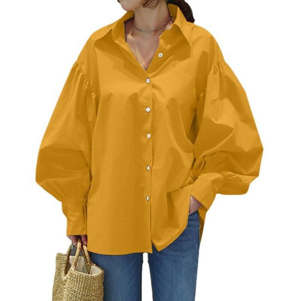 Women's Clothing Casual Shirts Casual Lantern Sleeve Lapel Tops Retro Solid Color Tops Women Office Ladies Shirts_ecoleips.com