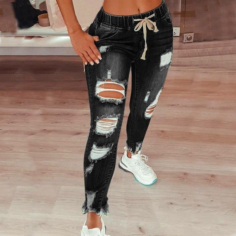 Women's Clothing Elastic Waist Women's Jeans High Waist Ripped Small Feet Lace Up Trousers_ecoleips.com