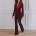 Korean Velvet Blazer & Pants Set - Women's Autumn Winter Office & Party Outfit (Burgundy/Black, S/M/L/XL)_ecoleips.com
