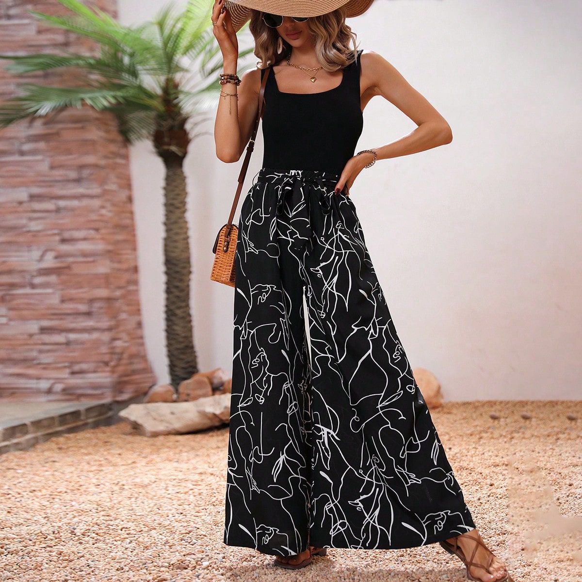 2025 European American Cross-border Loose-fitting Women's Two-piece Set: Off-shoulder Vest And Wide-leg Pants,_ecoleips.com