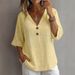 Women's V Neck Button Loose Top Cotton Linen Summer T-Shirt European And American Style New 2026_ecoleips.com