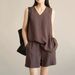 Women's Fashion Two-Piece Set Summer New Design V-Neck Sleeveless Top And Relaxed Shorts Casual Outfit_ecoleips.com