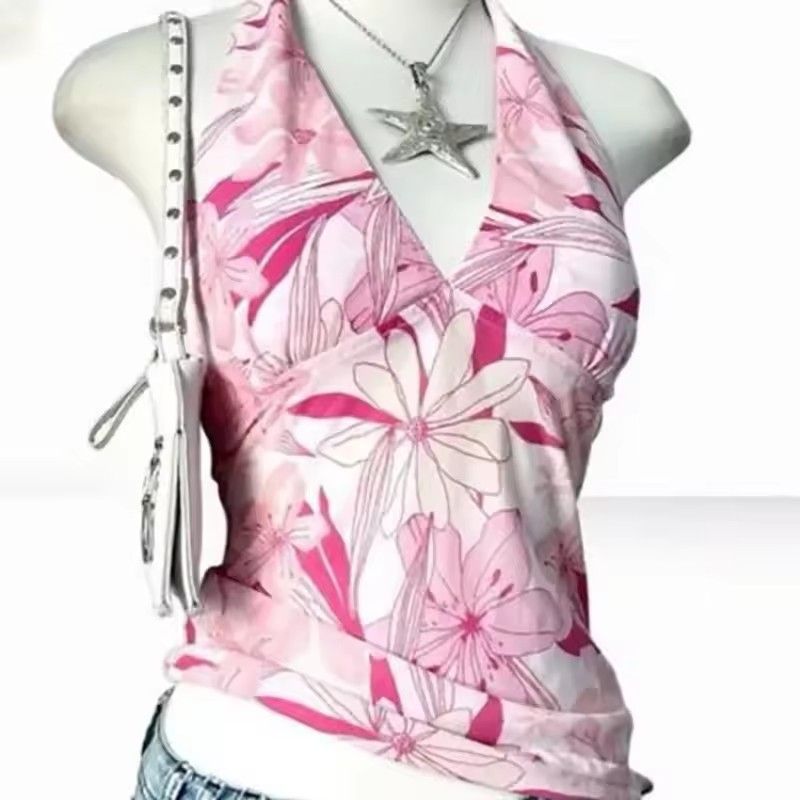 Women's Deep V Floral Slim Fit Camisole Vest Pink Backless Sleeveless Sexy Elegant Top European American Style Summer_ecoleips.com